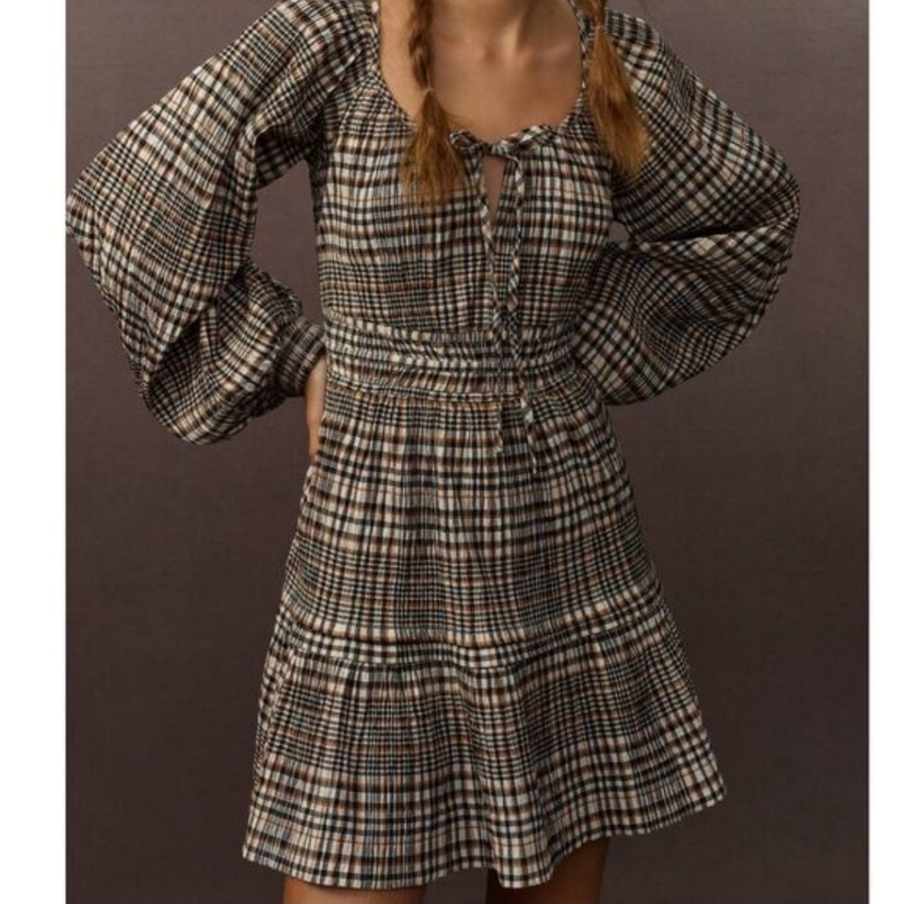 Anthropologie The Somerset Mini Dress Plaid Puff Sleeve Medium Smocked Waist
